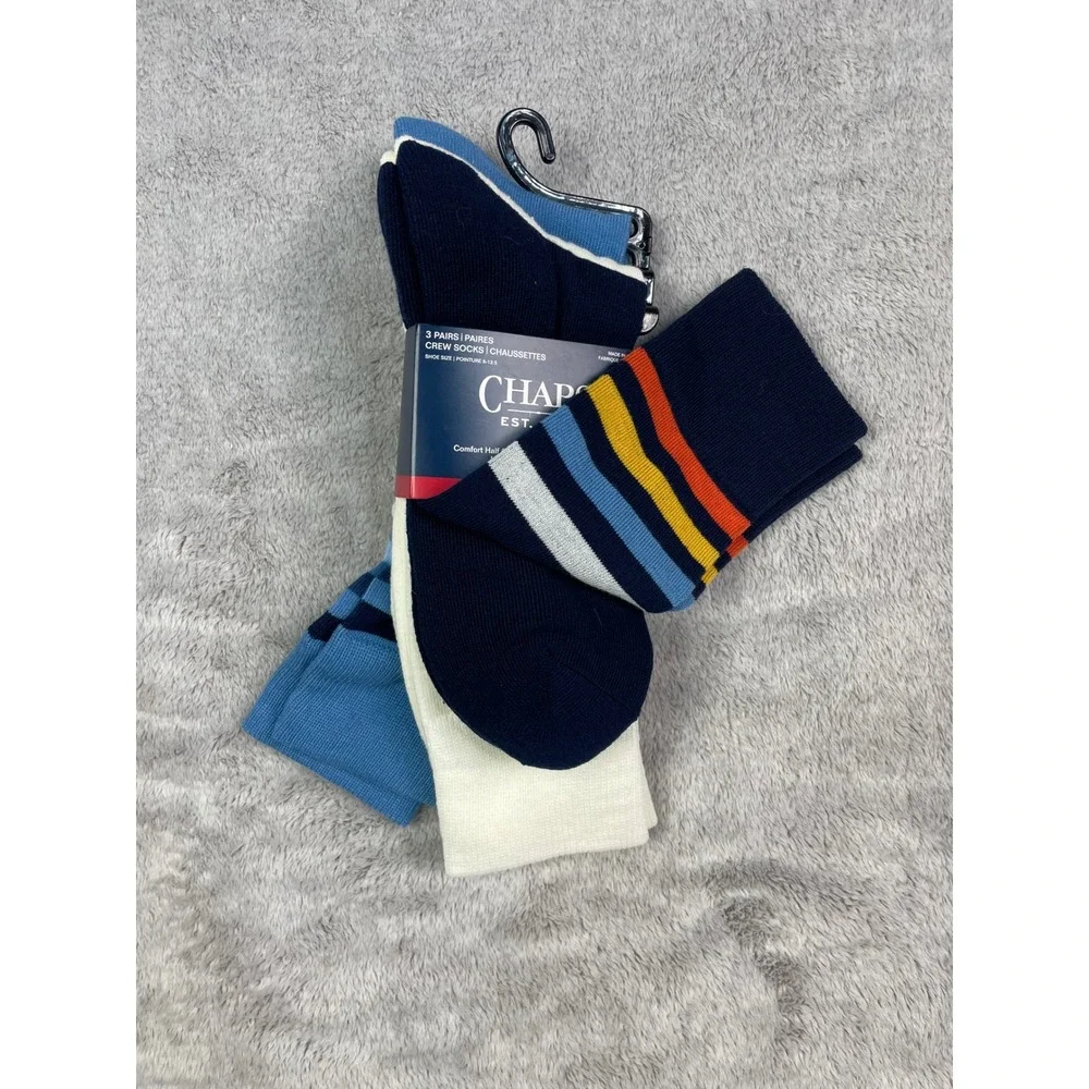 ⁠NEW Mens 3 Pack Casual Crew Socks Navy Blue Stripe White Half Cushion 6-12.5⁠